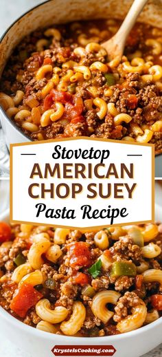 an american cheesy pasta recipe in a skillet with the title above it