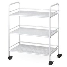 three tiered shelf with wheels on each side and two shelves on the other side