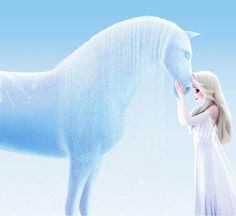 a woman standing next to a white horse on a blue background with snow flakes