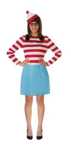 a woman wearing a red, white and blue striped shirt with her hands on her hips