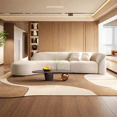 a modern living room with white furniture and wood paneling on the walls, along with a large round coffee table