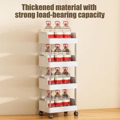 there is a shelf with several cans on it and the words thickened material with strong load - bearing capacity