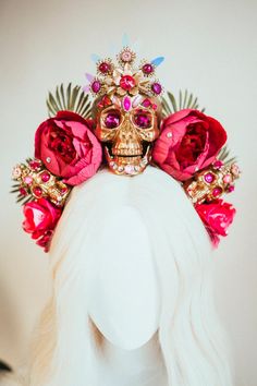 Dia De Los Muertos Headpiece Ideas, Catrina Crown, Sugar Skull Crown, Halloween Headpiece, Catrina Costume, Gold Halo Crown, Red Flower Crown, Halloween Crown, Skull Crown