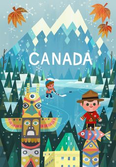 an illustration of two people on skis in front of a mountain and the words canada