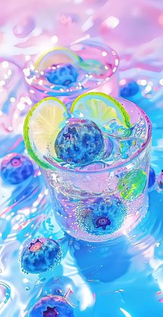 blueberries and lemons in a glass of water with bubbles on the surface,