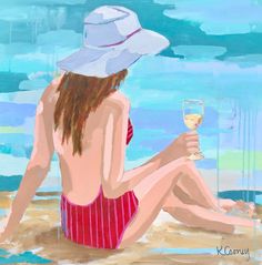 a painting of a woman sitting on the beach holding a wine glass