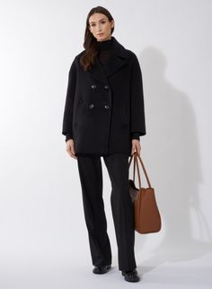 Sustainable black wool and cashmere peacoat Luxury Wool Sweater Coat For Fall, Classic Oversized Cashmere Outerwear, Fall Workwear Sweater Coat With Button Cuffs, Oversized Cashmere Outerwear For Winter, Oversized Cashmere Sweater Coat For Work, Winter Pea Coat With Lapel Collar For Office, Oversized Cashmere Wool Coat For Winter, Oversized Long Sleeve Cashmere Outerwear, Luxury Cashmere Outerwear For Fall