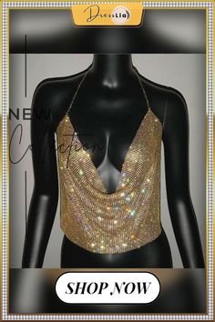 Festivalqueen Brilliant Rhinestone Backless Party Crop Top Women Summer Deep V Neck Night Club Diamonds Metal Tank Tops Glamorous Rhinestone Halter Top For Party, Glamorous Gold Halter Top For Party, Gold Backless Halter Top For Party, Glamorous Gold Halter Top For Evening, Metal Tank Top, Party Crop Tops, Metal Tank, Crop Top Women, Color Pick