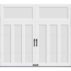 a white garage door with two black arrows on the front and side panels, in an open position