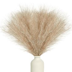 a white vase filled with dry grass on top of a table