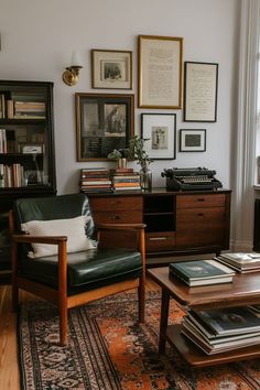 a living room filled with furniture and lots of pictures on the wall above it's coffee table