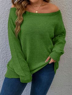 Plus Size Casual Solid Off-The-Shoulder Sweater, Spring & Autumn Green Casual  Long Sleeve Knitwear Plain Pullovers Slight Stretch  Women Plus Clothing, size features are:Bust: ,Length: ,Sleeve Length: Autumn Green, Bow Shorts, Embroidered Shorts, Inspiration Mode, Plus Size Casual, Shoulder Sweater, Cropped Sweater, Pajamas Women, Moda Casual