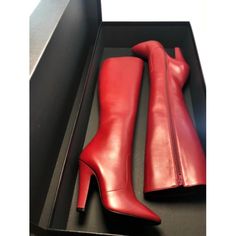 Never Used,Like New Condition! Comes With Box Only! Color: Red Burgundy Saint Laurent 68 Knee-High Leather Boots These Boots Are Designed In A Leg-Lengthening Knee-High Silhouette In A Buttery-Soft Leather. Leather Upper Point Toe Side Zip Leather Sole Made In Italy Size Self-Covered Stacked Heel, 4.25" (110mm) Chic Calf Leather Boots With Red Sole, Luxury Heeled Boots With Leather Lining For Party, Classic Pointed Toe Boots With Red Sole, Calf Leather High Heel Boots With Red Sole, Red High Heel Office Boots, Elegant Leather Boots With Red Sole, Elegant Red Boots With Reinforced Heel, High-end Leather Heels With Round Toe, Luxury Calf Leather Boots With Red Sole