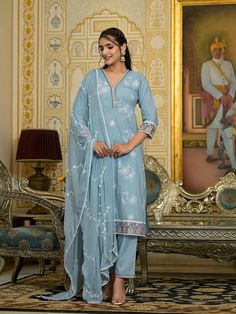 Grab this beautiful 3-piece set. The set comes with ethnic motif printed straight shape kurta has v neck, 3/4th sleeves & calf length teamed with solid trouser pant with side pocket and a dupatta. Color - Lavender Kurta Fabric-Silk Blend Pant Fabric-Silk Blend Dupatta Fabric - Silk Blend Neck-V Neck Sleeves-3/4th Sleeves Work -Ethnic Motif Print Detailing Washing Instructions-Dry Clean DISCLAIMER - The color of the product may be differ due to screen settings of device. A misprint here and a color drop slip there is the beauty of printing which is not treated as a defect. Designer Mulmul Straight Kurta Set, Designer Wear Mulmul Sets With Straight Kurta, Semi-stitched Mulmul Straight Kurta Set, Mulmul Saree Set For Eid, Eid Saree Set Made Of Mulmul, Eid Straight Kurta Set With Chikankari Embroidery, Straight Kurta With Sheer Dupatta For Eid, Straight Kurta In Georgette With Dabka Details, Georgette Straight Kurta With Dabka