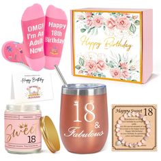 pink and gold birthday gift set with candles, candle holder, candy jar, card and other items