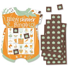 baby shower bingo game with brown and green onesuits on it's back