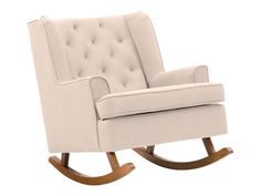 Beige fabric rocking chair with wooden legs, ergonomic design, and cushioned seat for living room comfort. Wooden Rocker, Patio Storage, Patio Bar Set, Mattress Box Springs, Patio Sectional, Replacement Cushions, Elegant Colors, Accent Arm Chairs, Conversation Set Patio