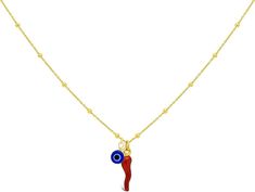 PRICES MAY VARY. 925 STERLING SILVER: Made in fine vermeil, which is composed of 14k gold plated sterling silver, completely free from lead and nickel SMALL GOOD LUCK HORN: Every Italian can proudly wear this Italian Horn amulet, believed to protect the wearer from jealousy, envy and the Evil Eye EVIL EYE CHARM: Dangling blue evil eye charm PERFECT LENGTH: Designed to sit at either 15.5 inches (choker style) or 17 inches with its extender chain GIFT POUCH: Each corni necklace is gift ready and c