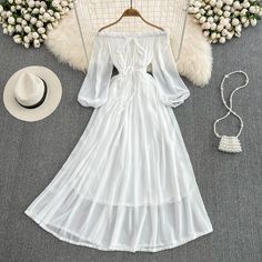 Cottagecore White Dress, Boho Formal Dress, White Dress Aesthetic, Girly Backpacks, White Dress With Sleeves, Swift Outfits, Long Sleeve Chiffon Dress, Dress Cottagecore, Old Dresses