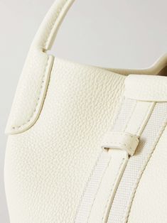 LORO PIANA Bale canvas-trimmed textured-leather tote White Timeless Epsom Leather Bag, Timeless White Epsom Leather Bag, Cream Epsom Leather Bag For Everyday Use, High-end Cream Leather Bag, White Calf Leather Shoulder Bag With Double Handle, Modern White Epsom Leather Bag, Timeless Cream Bag With Leather Lining, Luxury White Pebbled Leather Bag, Modern White Pebbled Leather Bag