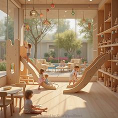 children playing in a play room with wooden furniture