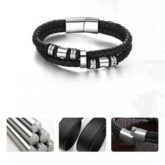 Stainless Steel Leather Men's Bracelets is a double layered bracelet which is made up of leather and is black in color. It has braided leather with black and solver color beads in the center and an adjustable hook which makes it easy fit for any size. It is a must have piece of jewelry for men as it is versatile and goes with all outfit and any occasion. Specifications: Material: Stainless Steel, Leather Length : 21+5cm Gender: Men Modern Black Braided Bracelets, Adjustable Black Braided Bracelet With Stainless Steel Clasp, Black Leather And Stainless Steel Adjustable Bracelet, Adjustable Black Metal Braided Bracelet, Adjustable Black Leather Beaded Bracelets, Black Leather Double Band Bracelets, Layered Bracelet, Men's Bracelets, Mens Bracelet Silver