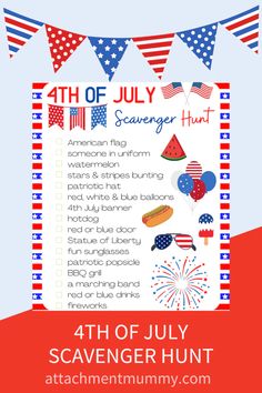 the 4th of july scavenger hunt is on display in front of an american flag banner