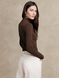 Refined Mock-Neck Top | Banana Republic Cotton Mock Neck Top For Layering, Cotton Turtleneck For Layering, Fitted Cotton Long Sleeve Turtleneck, Fitted Cotton Turtleneck With Long Sleeves, Solid Cotton Turtleneck For Layering, Cotton Turtleneck Top For Fall, Cotton Turtleneck For Fall Layering, Brown Stretch Turtleneck Tops, Fitted Cotton Turtleneck