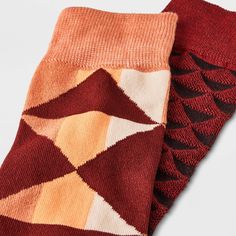 Bring a fun vibe to your accessory collection with this 2-Pack Triangle Print Novelty Crew Socks from Goodfellow & Co™. The 2-pack set features an allover triangle print in maroon and orange and red and black to provide a fun combination you're sure to appreciate. Both pairs are made from soft, stretchy fabric with smooth toe seams for comfortable wear, while the banded cuffs offer a secure fit. Perfect for everyday use, these crew socks look great with sneakers and boots. Goodfellow & Co™: Wher Casual Orange Socks For Fall, Multicolor Cotton Socks For Fall, Tangerine Socks, Casual Multicolor Graphic Print Socks, Cheap Fun Men's Socks, Happy Socks Mens, Triangle Print, Multicolor Non-slip Comfortable Socks, Mens Socks