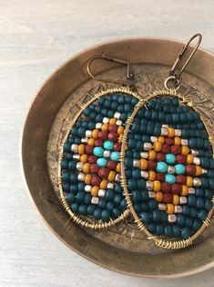 Woven diamond earrings / blue | Etsy Artisan Earrings With Gold Beads, Handmade Bohemian Oval Earrings, Bohemian Handmade Oval Earrings, Handmade Teardrop Bohemian Beads, Bohemian Beaded Earrings With Oval Beads, Handmade Oval Beaded Earrings As Gift, Handmade Oval Beaded Earrings For Gift, Handmade Beaded Earrings With Oval Beads For Gifts, Handmade Oval Hoop Earrings