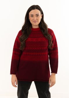 Delicate fair isle patterns are combined to form lace-like designs in this tunic length ladies jumper. Knitted in Shetland-character wool which is spun in Aberdeenshire, Scotland.  Black/Putty colourway has classic black and putty beige. Red colourway has rich jewel tones of pillar-box red and burgundy. Black/Camel colourway has a striking combination of black and camel. Navy colourway has a timeless combination of navy and cream.  Charcoal colourway has dark charcoal and silver grey. Storm colo Fair Isle Long Sleeve Sweater For Layering, Nordic Style Long Sleeve Sweater With Fair Isle Pattern, Scandinavian Style Long Sleeve Sweater With Fair Isle Pattern, Fair Isle Knit Sweater For Layering, Knit Sweater With Fair Isle Pattern For Layering, Fair Isle Pullover, Aberdeenshire Scotland, 60s Vibe, Black Camel