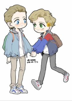 two people are holding hands and one is wearing a blue jacket, the other has a red backpack