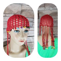 two pictures of a mannequin head with red hair and beads on the sides