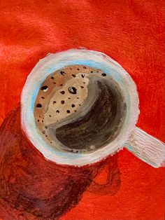 an acrylic painting of a coffee cup with a cookie in it on a red background