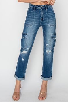 These RISEN Cargo Jeans feature a straight leg design, optional rolled hem, cargo pockets, dark wash, and high rise waist. Free Shipping. Shop Now! Rolled Up Jeans, Baywatch, Outfit Women, Jeans Outfit, Cozy Sweater, Rolled Hem, Cargo Jeans, Sweater Making, Casual Tee