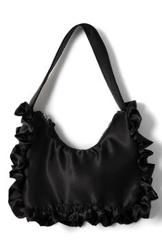 Our black satin 90s frill shoulder bag = partywear perfection. • Shoulder bag• Zip fastening• Frill detailing• Damson Madder logo• 94% Recycled Polyester 6% Elastane• Designed in London Damson Madder, Dream Bags, Reversible Tote Bag, Checked Scarf, Reversible Tote, Striped Scarves, Pink Gingham, Waist Bags, Cold Weather Accessories