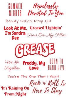 some type of font that is red and white with the words grease written in it