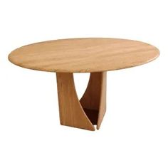 a round wooden table with two intersecting legs