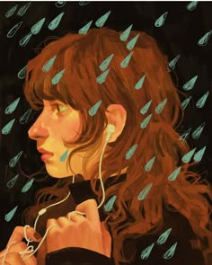 a painting of a woman listening to music in the rain with headphones on her ears