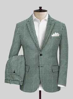 Whether for business or formal events, our Harris Tweed Houndstooth Green suit will give you a new take on modern menswear. Crafted from pure wool, the suit offers a perfect way to upgrade your wardrobe and give you a stylish appearance when the cold weather hits, also the houndstooth pattern on the overall outfit is enchanting, eye catching and fashionable, truly a complete package to make you look stunning for any occasion. Team it with a matching waistcoat, white shirt, black tie and black de Modern Menswear, Trousers White, Overall Outfit, Houndstooth Jacket, Green Suit, White Houndstooth, Button Jacket, Houndstooth Pattern, Harris Tweed