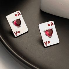 Silver Playing Card Stud Earrings Ace Of Hearts Silver Heart Earrings For Party On Mother's Day, Silver Heart Earrings For Mother's Day Party, Valentine's Day Silver Heart Earrings, Red Heart Earrings For Mother's Day, Ace Of Hearts, Playing Card, Lady In Red, Playing Cards, Hip Hop