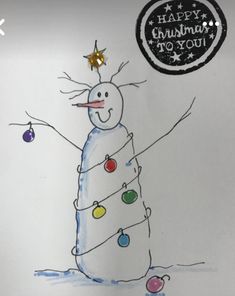 a drawing of a snowman with a christmas tree on it's head and arms