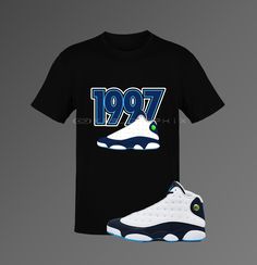 This t-shirt inspired by the Jordan 13 Retro 'Obsidian' colorway is everything you've dreamed of and more. It feels soft and lightweight, with the right amount of stretch. It's comfortable and flattering for both men and women. This Jordan inspired design is perfect for sneakerheads everywhere!  * 100% combed and ring-spun cotton (Heather colors contain polyester) * Ash color is 99% combed and ring-spun cotton, 1% polyester * Heather colors are 52% combed and ring-spun cotton, 48% polyester * At Black T-shirt With Screen Print For Sneaker Matching, Black Short Sleeve Throwback T-shirt, Throwback Black Pre-shrunk T-shirt, Black Throwback Sports T-shirt, Black Throwback T-shirt With Logo Print, Sporty Streetwear Shirt With Sublimation Print, Black Throwback Crew Neck T-shirt, Throwback Logo Print T-shirt For Streetwear, Throwback Streetwear T-shirt With Logo Print