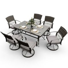 an outdoor dining table with chairs and plates on it, set against a white background