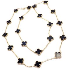 Van Cleef & Arpels 18k Gold 20 Motif Black Onyx Alhambra Necklace. This stunning necklace comes with a certificate of authenticity from Van Cleef & Arpels (originally purchased in 2021), and a VCA pouch.   Van Cleef & Arpels Retail Price: $17,300 (excluding taxes).  Metal: 18k yellow gold Length: 34" Width: 15mm Weight: 46.5 grams Stones: 20 alhambra shape black onyx stones Hallmarks: VCA 750 JC805XXX(serial number has been omitted) Alhambra Necklace, Onyx Cufflinks, Gold Vans, Van Cleef And Arpels Jewelry, Hermes Jewelry, Van Cleef And Arpels, Personalised Jewellery, Black Onyx Necklace, Onyx Necklace