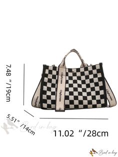 Bird in Bag - Black and White Plaid Fashionable Handbag with Adjustable Shoulder Strap Chic Black Crossbody Canvas Bag, Trendy Black Canvas Bag For Shopping, Black Canvas Crossbody Bag With Handles, Black Crossbody Canvas Bag, Black Square Canvas Shopping Bag, Chic Black Canvas Bag With Adjustable Strap, Chic Black Square Canvas Bag, Trendy Black Canvas Bag With Removable Pouch, Black Square Canvas Bag With Large Capacity