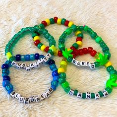 three bracelets with words that spell out the word baked, baked and baked on them