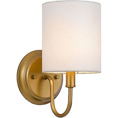 a wall light with a white shade on the side and a gold metal frame around it