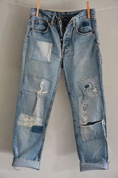 "This levis 501 jeans- are size 31 . Very good condition!  You can have it sand to you in 1 day work. ---Or---- If you need different size please sand my a message and i will find  you a special and unique jeans in 4 days work . I have many different brand of jeans as:lee,american eagle,diesel,zara ,lavis,7 and many other vintage jeans . They are all different! no one will have the same one you do! One of Kind jeans You mark size and kind :slim- boyfriend- high waist- low waist - and primer colo Blue Distressed Bohemian Jeans, Bohemian Distressed Blue Jeans, Bohemian Blue Distressed Jeans, Ripped Vintage Jeans In Recycled Denim, Vintage Ripped Jeans In Recycled Denim, 80s Hippie, Ropa Upcycling, Levi 501 Jeans