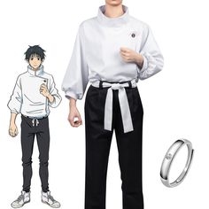 an anime character wearing black pants and white shirt with a ring around his waist, standing next to him